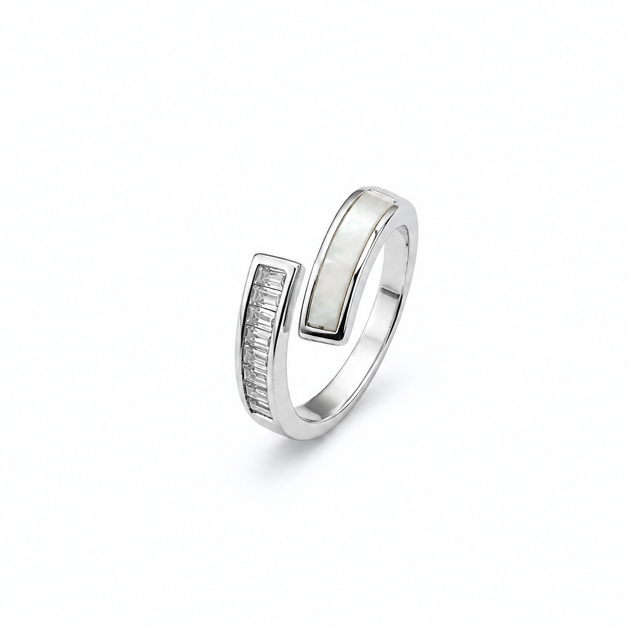 Silver Mother of Pearl and Baguette Bar Open Ring