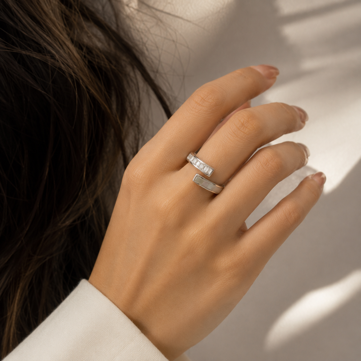 Silver Mother of Pearl and Baguette Bar Open Ring