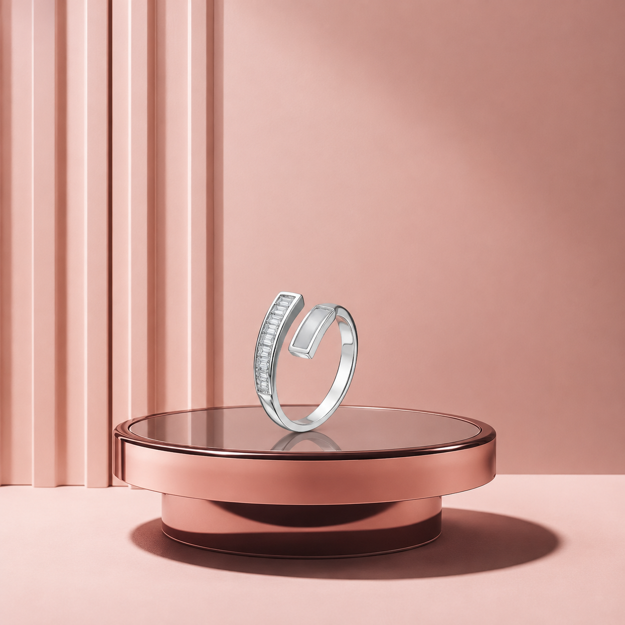 Silver Mother of Pearl and Baguette Bar Open Ring