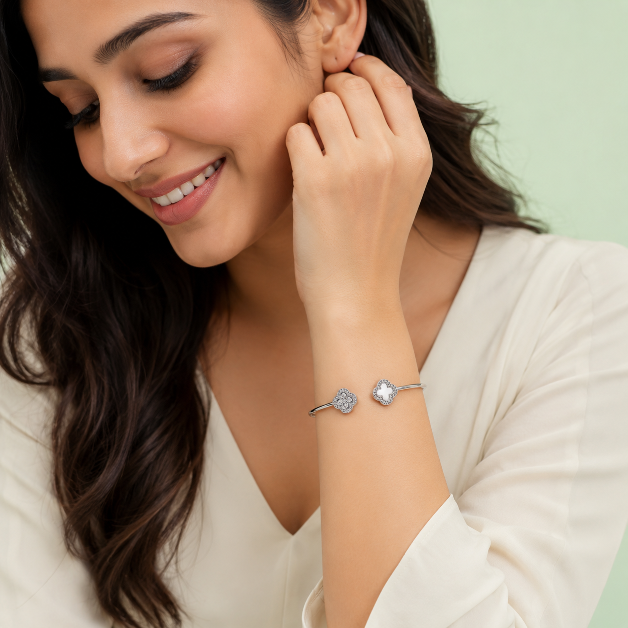Silver Mother of Pearl Clover Cuff Bracelet