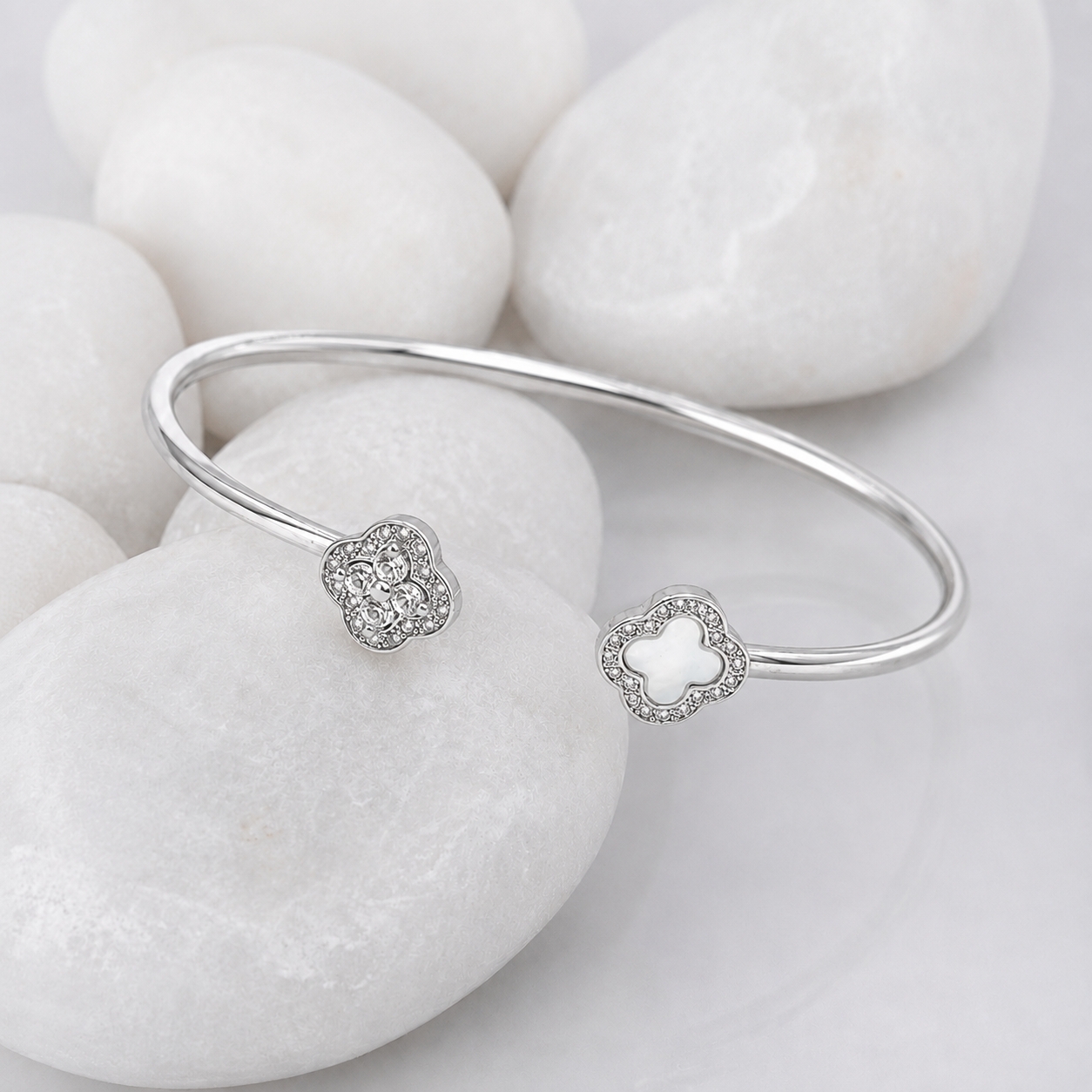 Silver Mother of Pearl Clover Cuff Bracelet