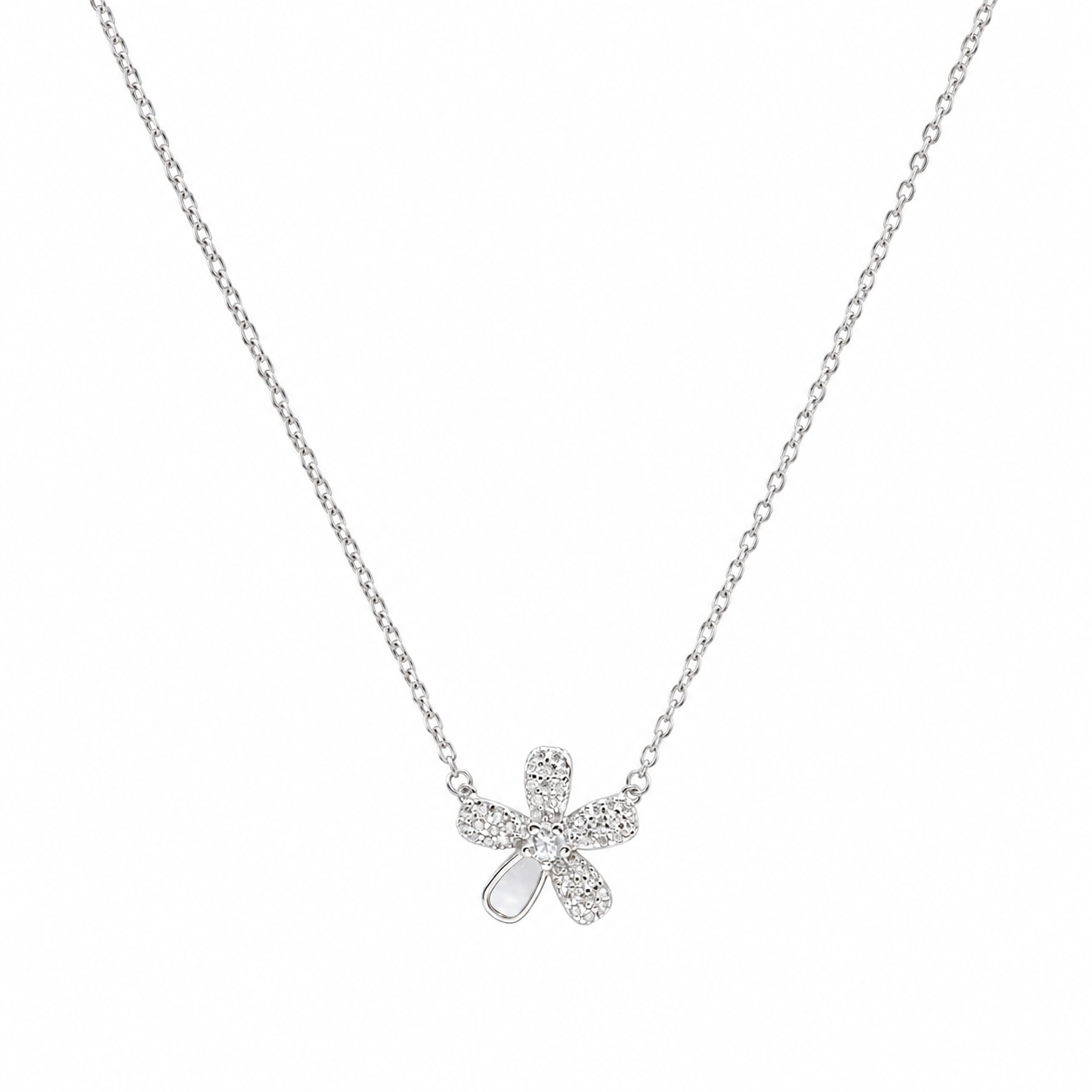 Silver Mother of Pearl CZ Flower Necklace