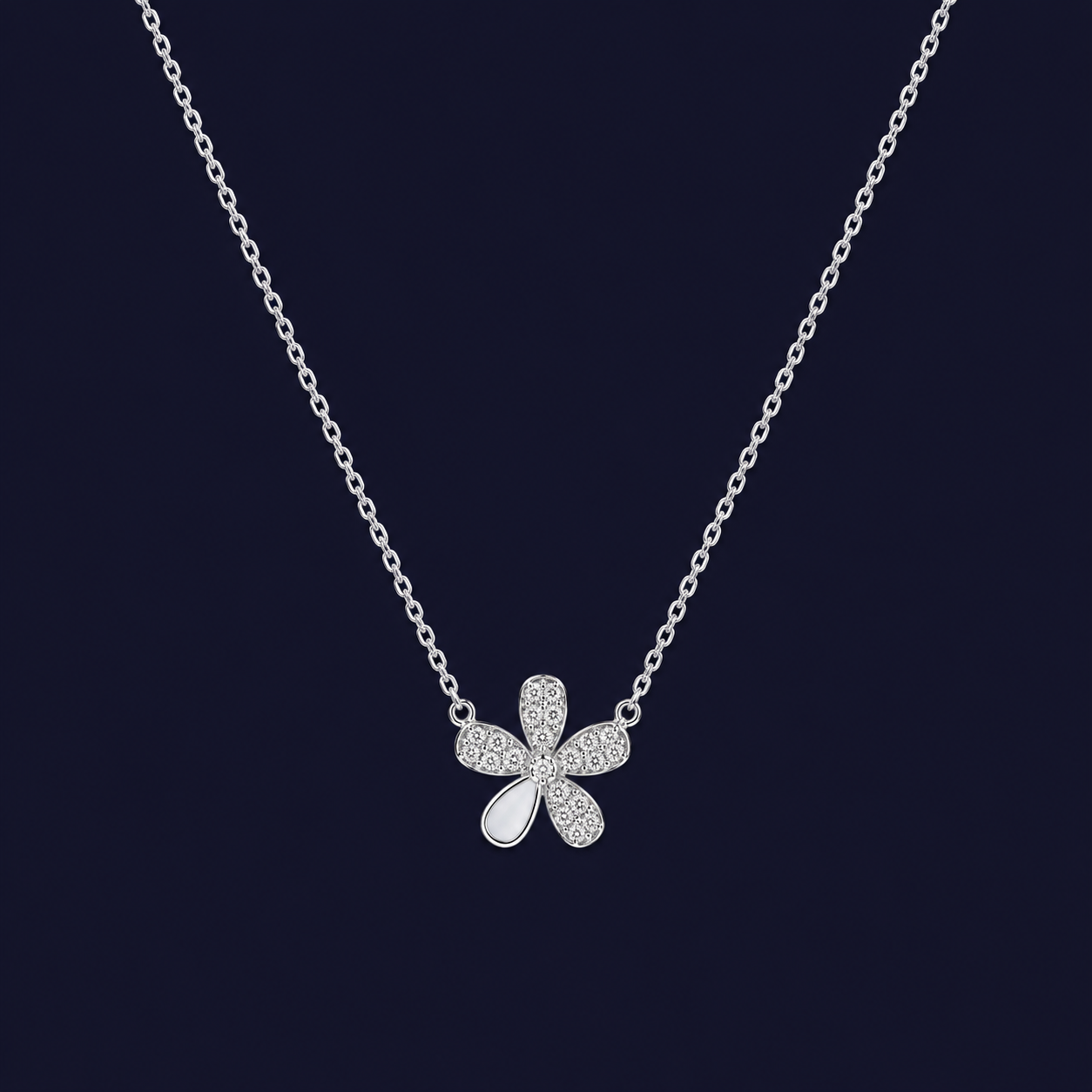 Silver Mother of Pearl CZ Flower Necklace
