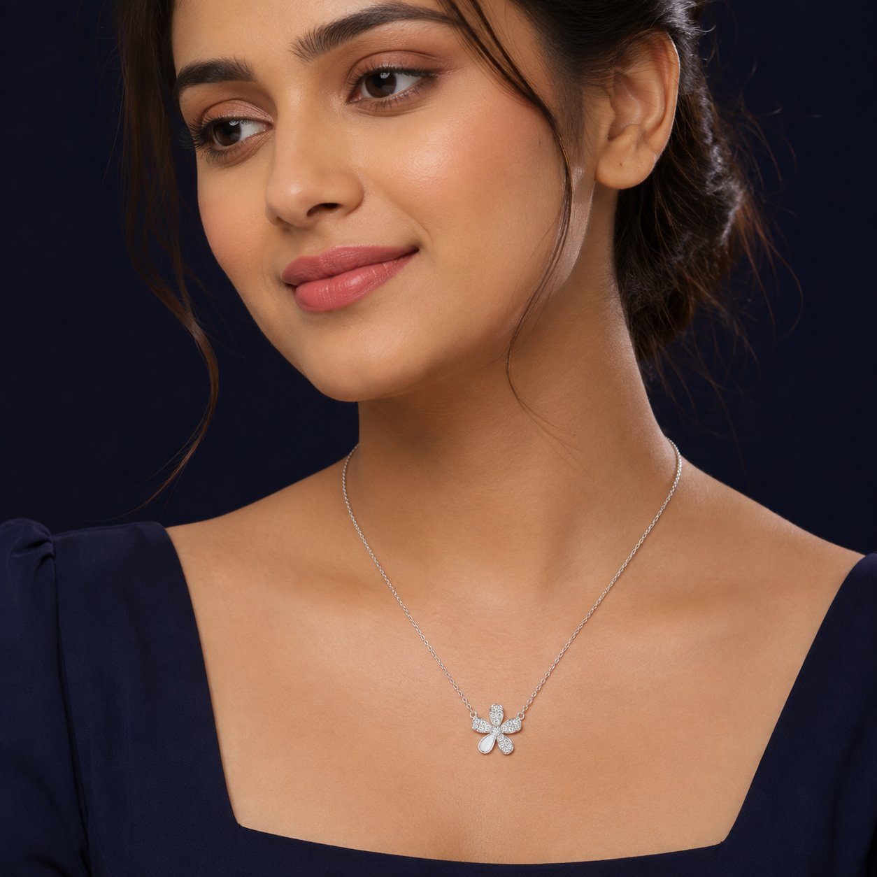 Silver Mother of Pearl CZ Flower Necklace