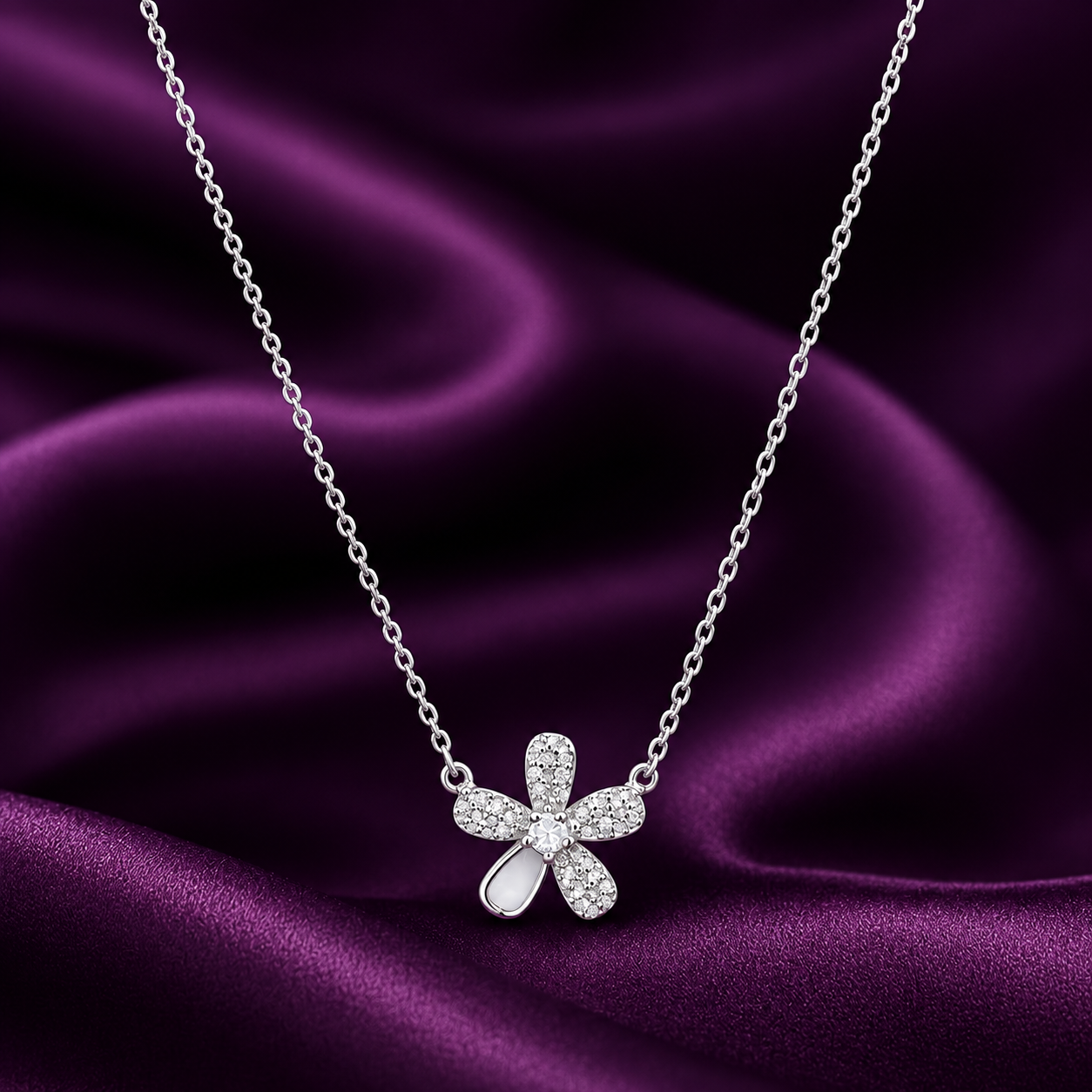 Silver Mother of Pearl CZ Flower Necklace