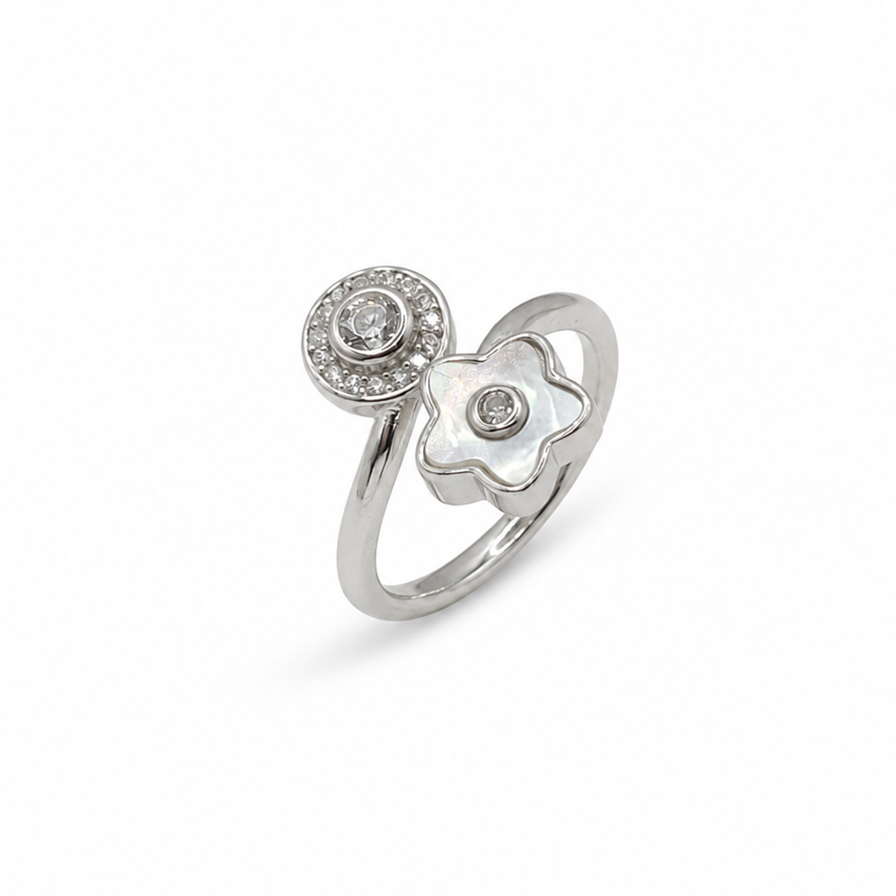 Silver Mother of Pearl Flower Bypass Ring