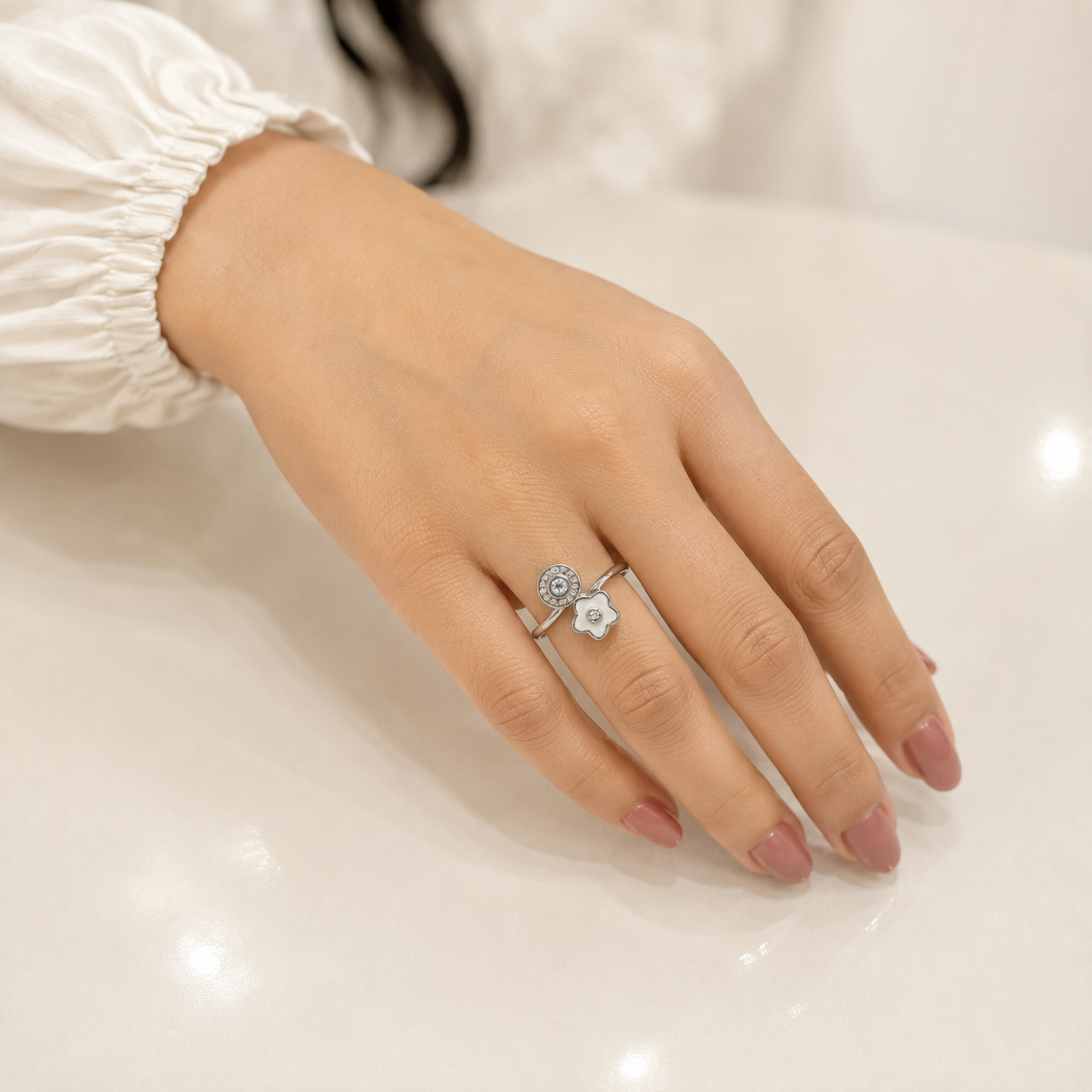 Silver Mother of Pearl Flower Bypass Ring