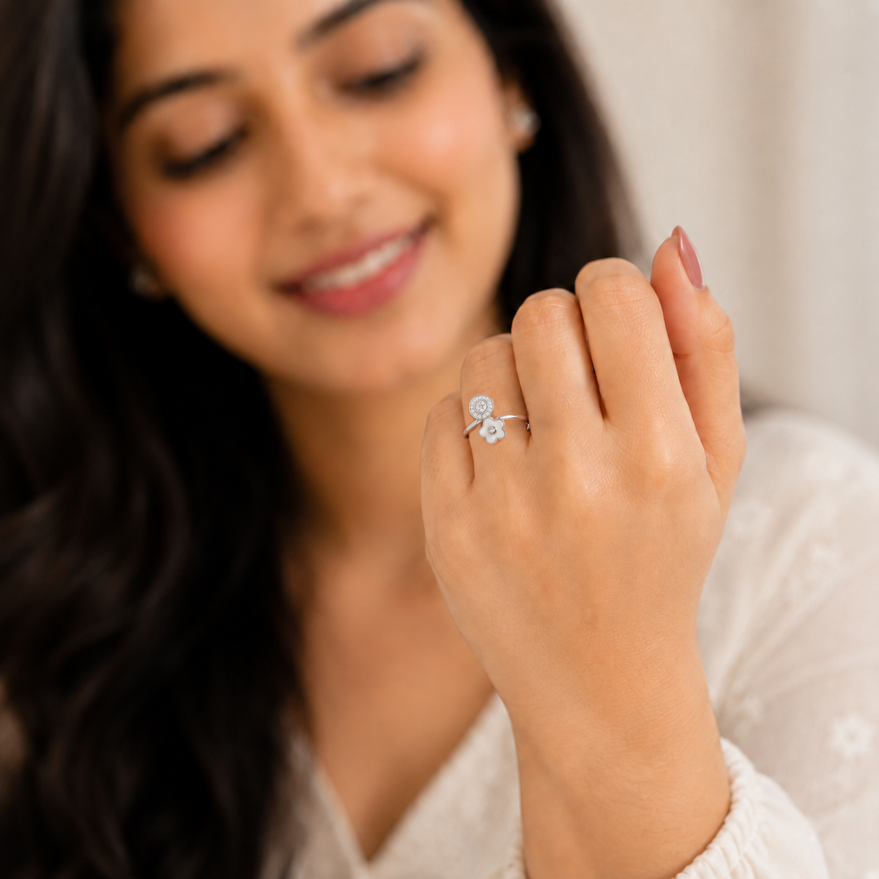 Silver Mother of Pearl Flower Bypass Ring