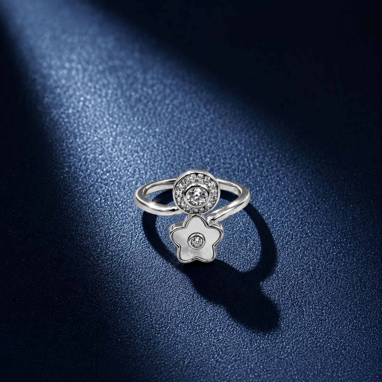 Silver Mother of Pearl Flower Bypass Ring