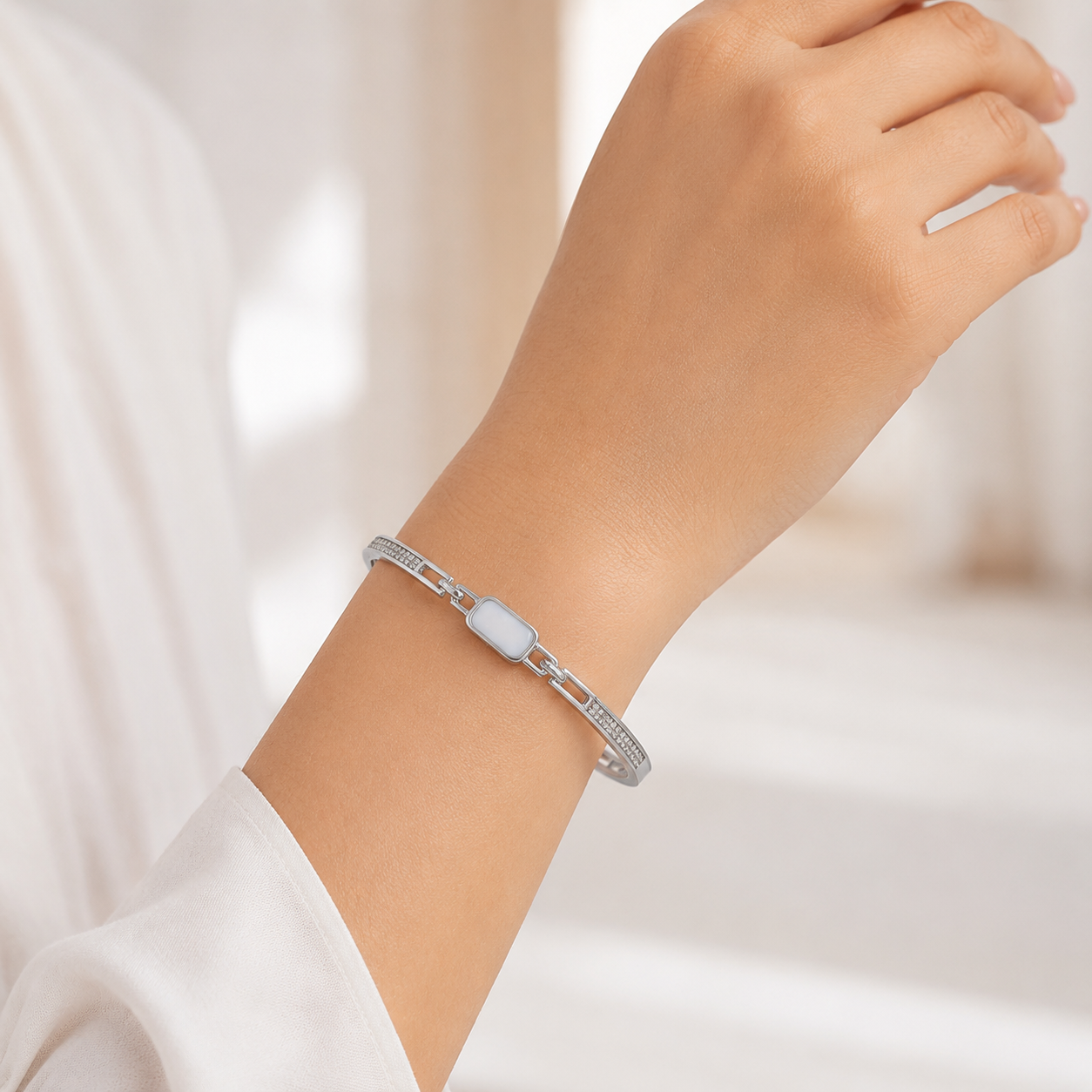 Silver Mother of Pearl Link Cuff Bracelet