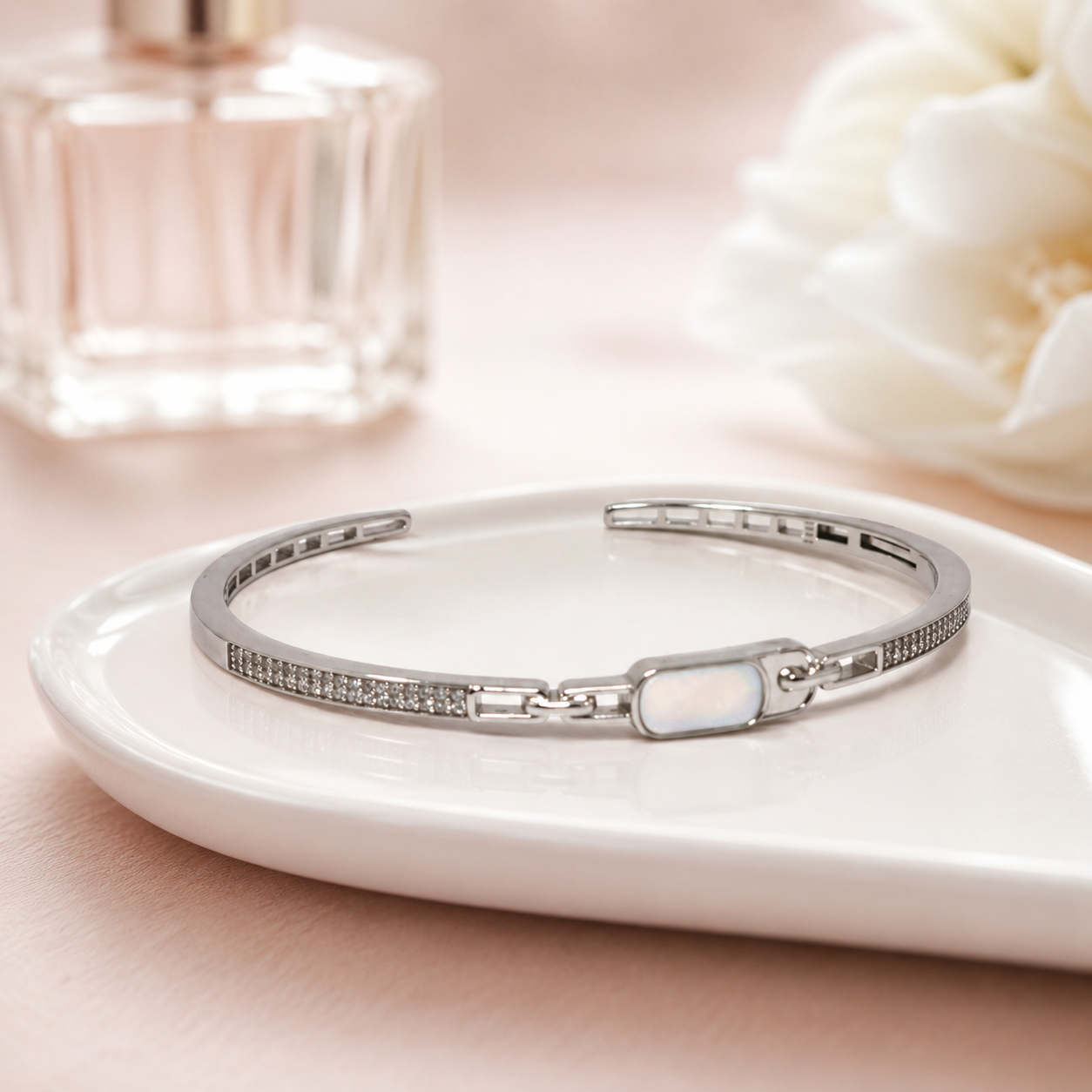 Silver Mother of Pearl Link Cuff Bracelet