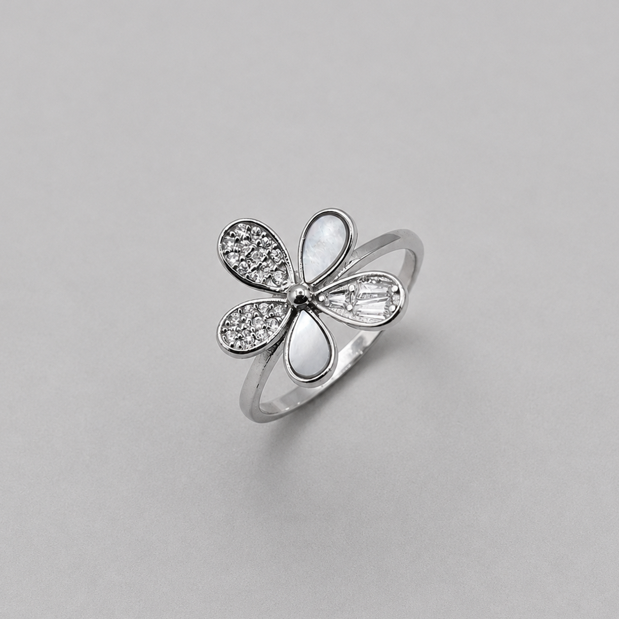Silver Mother of Pearl Petal Flower Ring