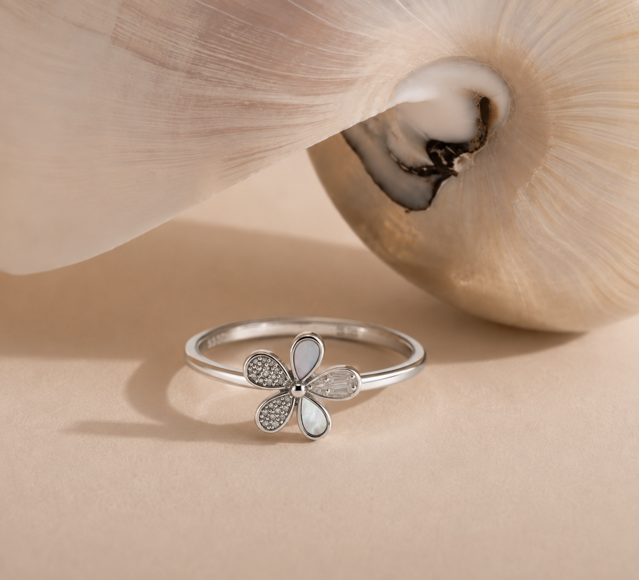 Silver Mother of Pearl Petal Flower Ring