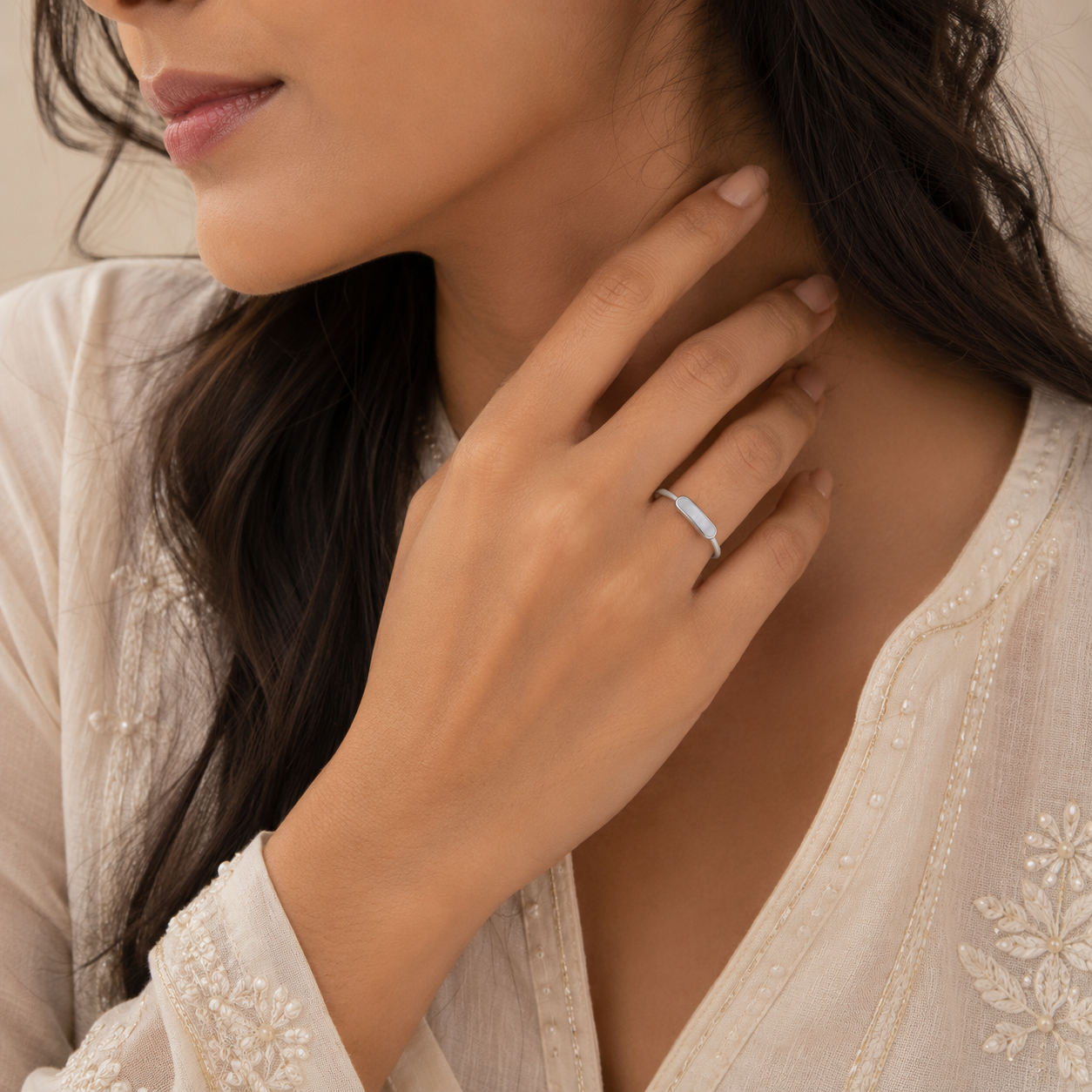 Silver Mother of Pearl Slim Bar Ring