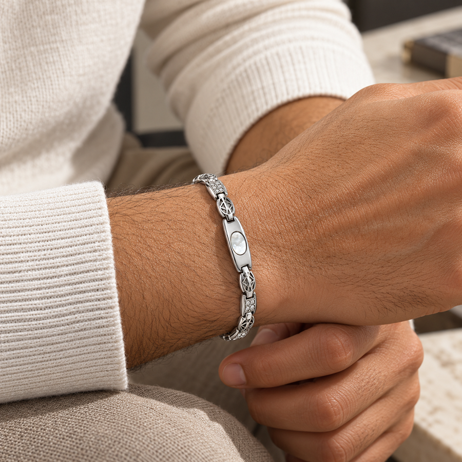 Silver Mother of Pearl Star Link Mens Bracelet