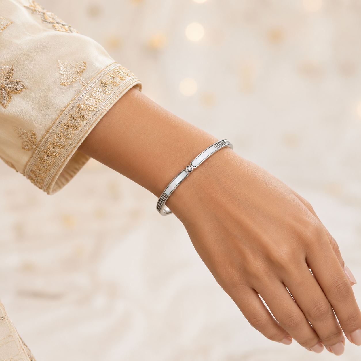 Silver Mother of Pearl Twin Bar Cuff Bracelet