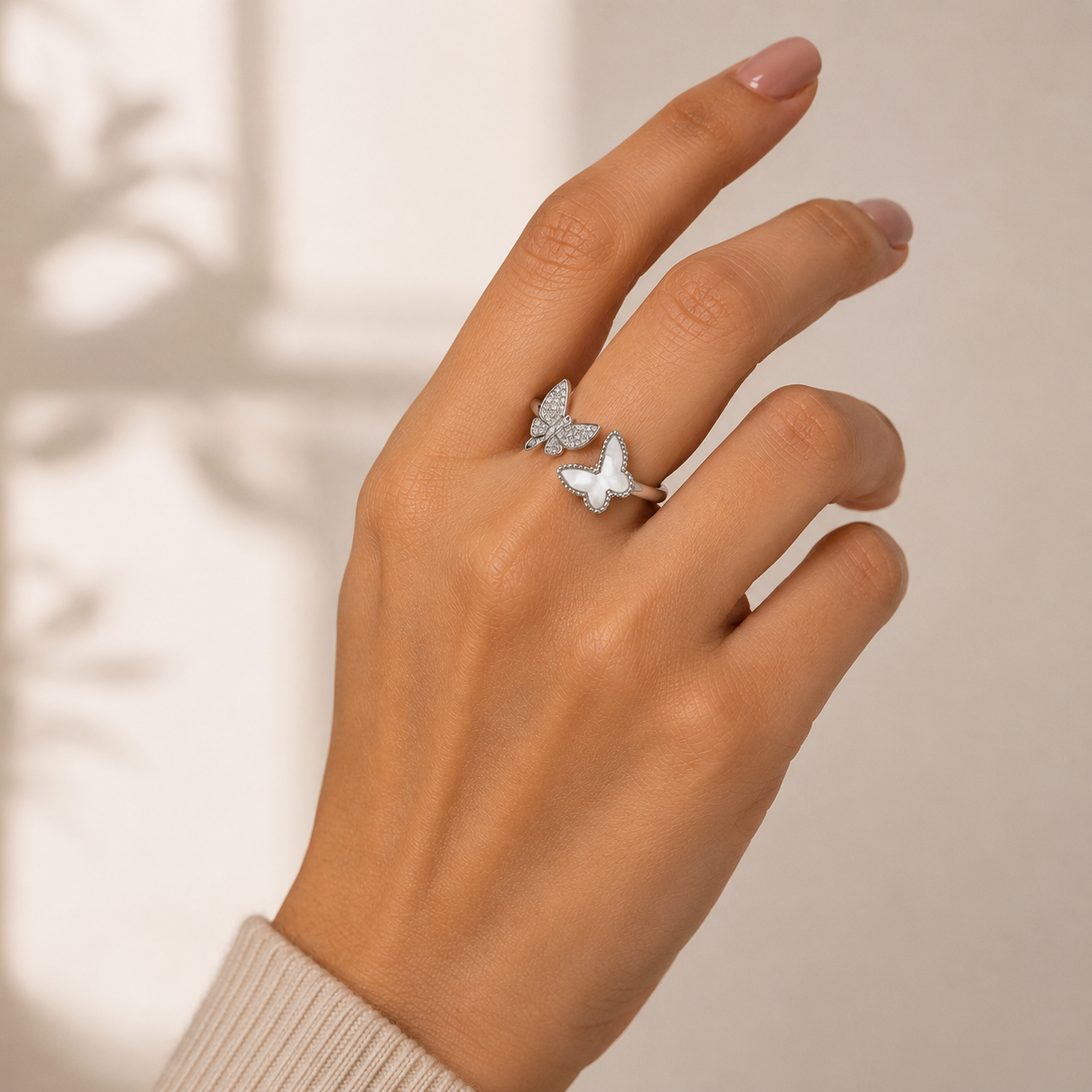 Silver Mother of Pearl Twin Butterfly Ring