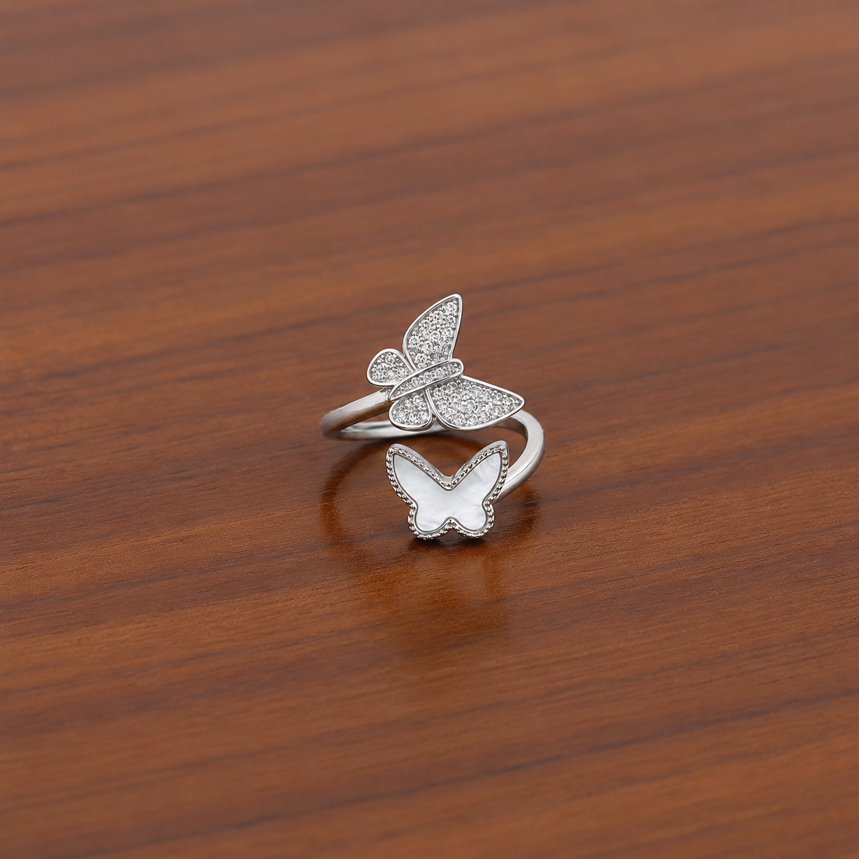 Silver Mother of Pearl Twin Butterfly Ring