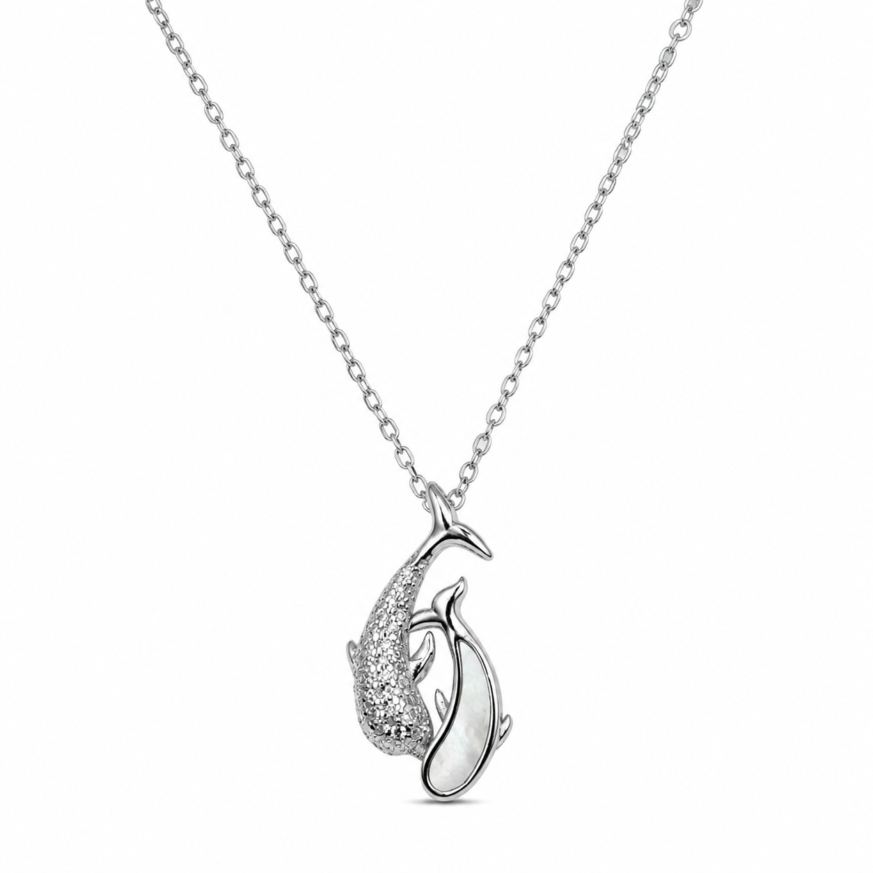 Silver Mother of Pearl Twin Dolphin Pendant Necklace