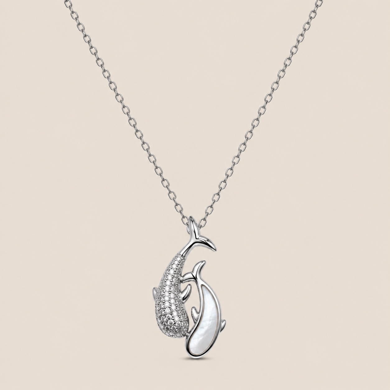 Silver Mother of Pearl Twin Dolphin Pendant Necklace