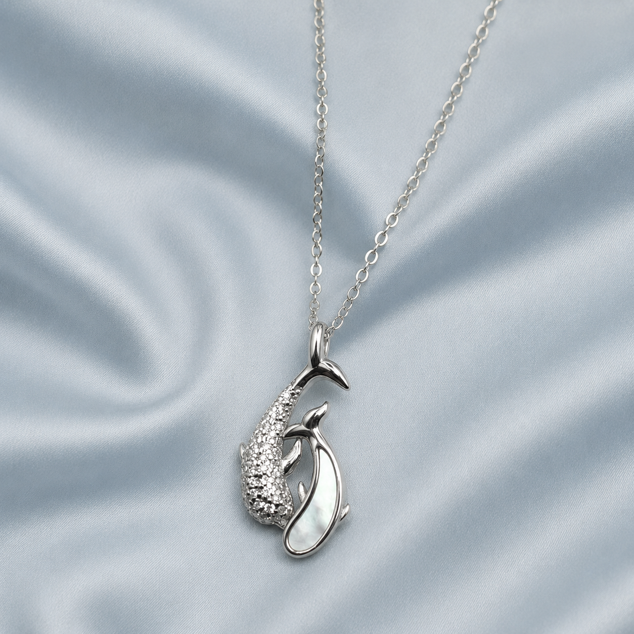 Silver Mother of Pearl Twin Dolphin Pendant Necklace