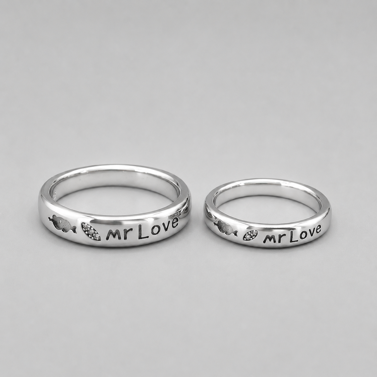 Silver Mr Love Heart Engraved Couple Band Ring