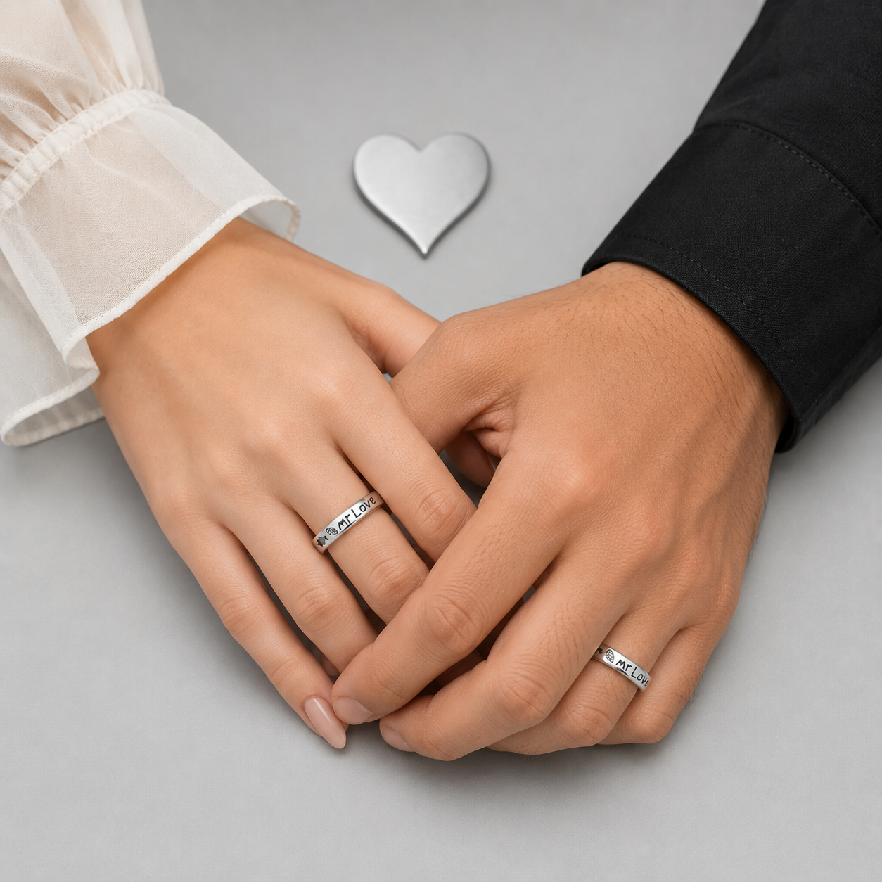 Silver Mr Love Heart Engraved Couple Band Ring