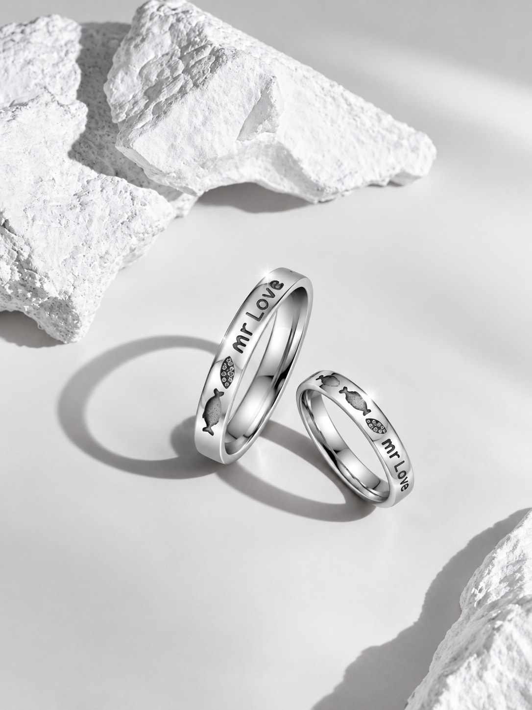Silver Mr Love Heart Engraved Couple Band Ring