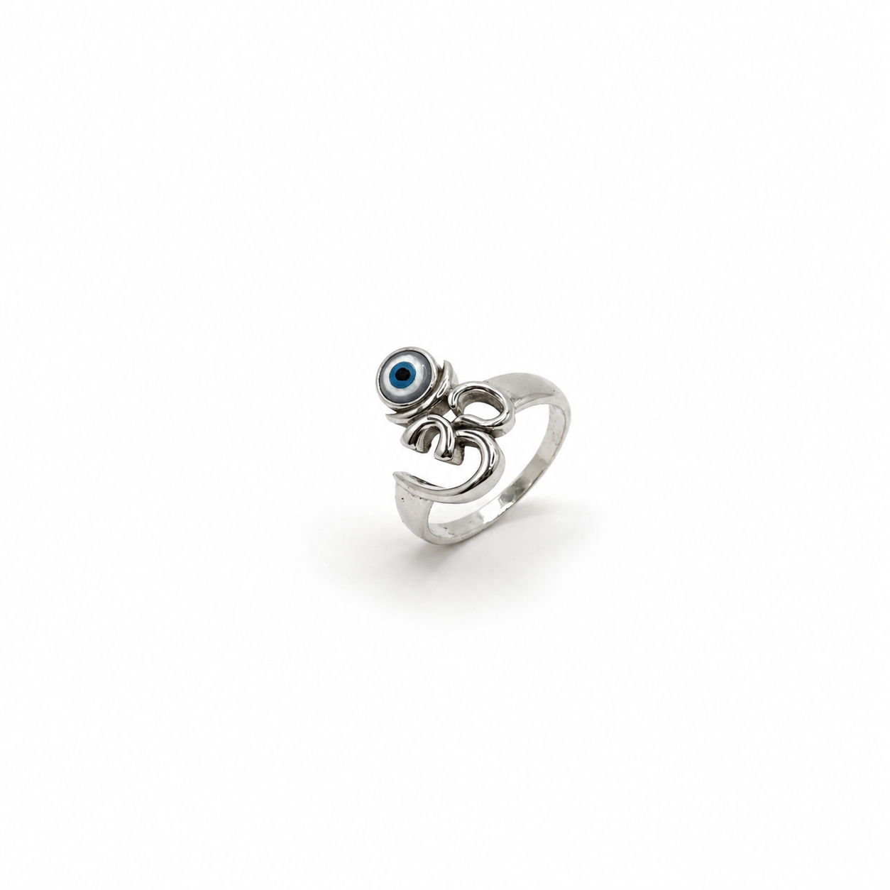 Silver om ring with a blue evil eye accent