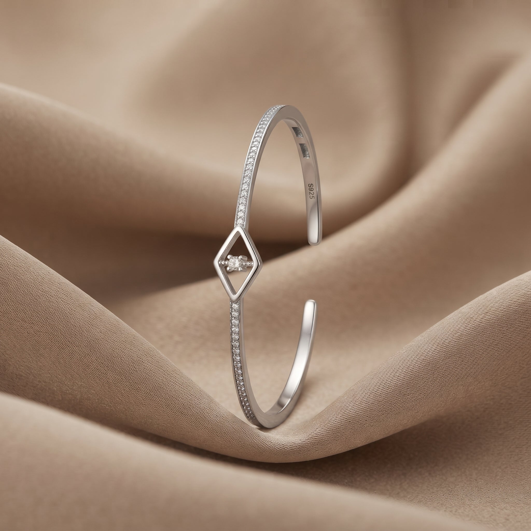 Silver Open Diamond Frame Pave Cuff Bracelet