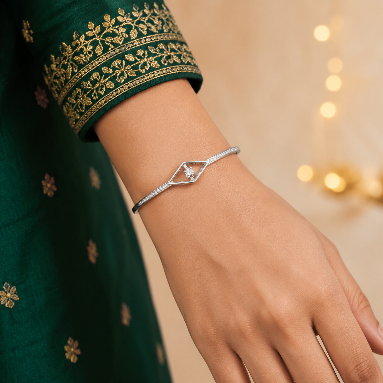 Silver Open Diamond Frame Pave Cuff Bracelet