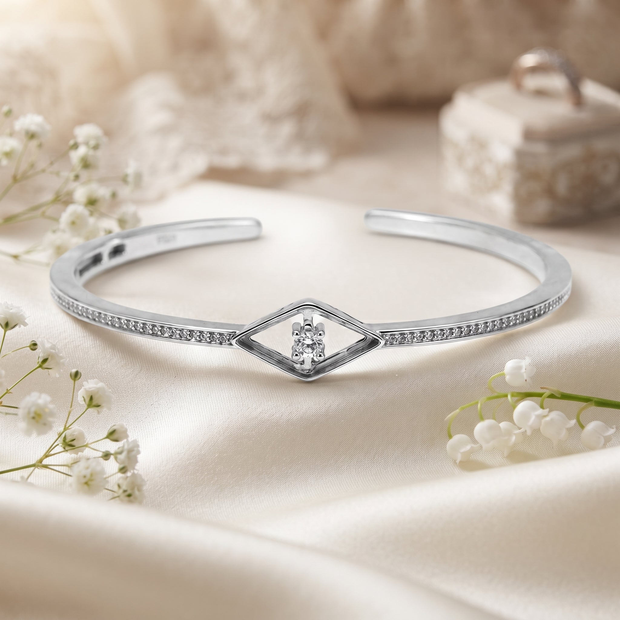 Silver Open Diamond Frame Pave Cuff Bracelet