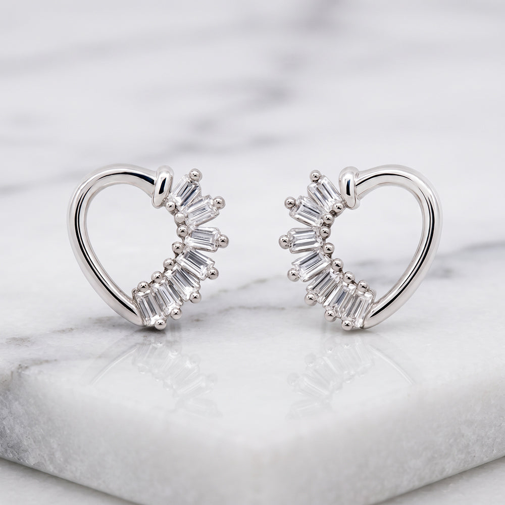 Silver Open Heart Baguette Fan Stud Earrings