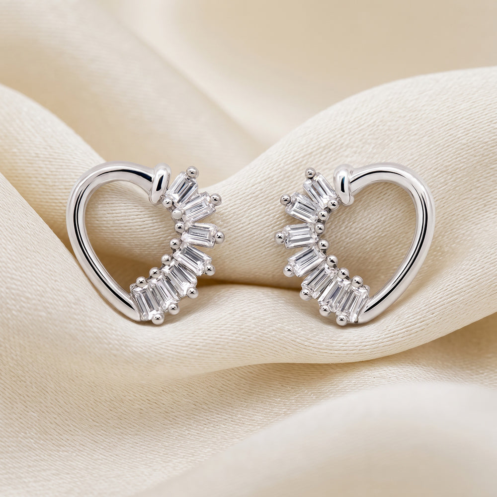 Silver Open Heart Baguette Fan Stud Earrings