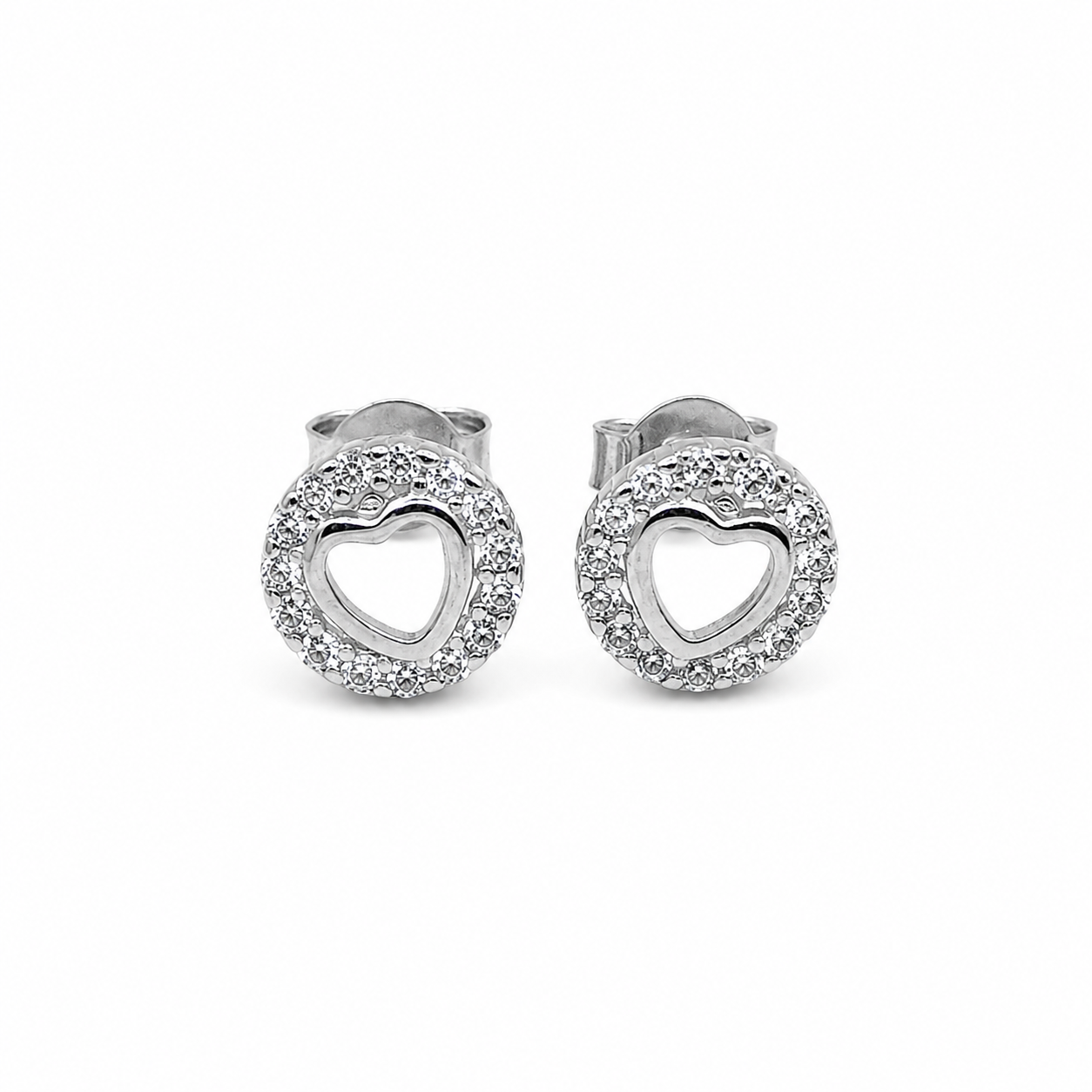 Silver Open Heart Round Halo Stud Earrings with pave-set circular halos and polished open heart centres on a white background