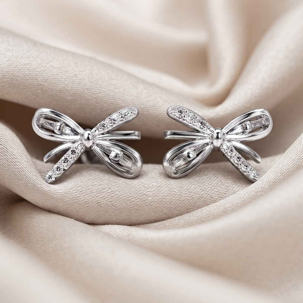 Silver Open Pave Bow Stud Earrings