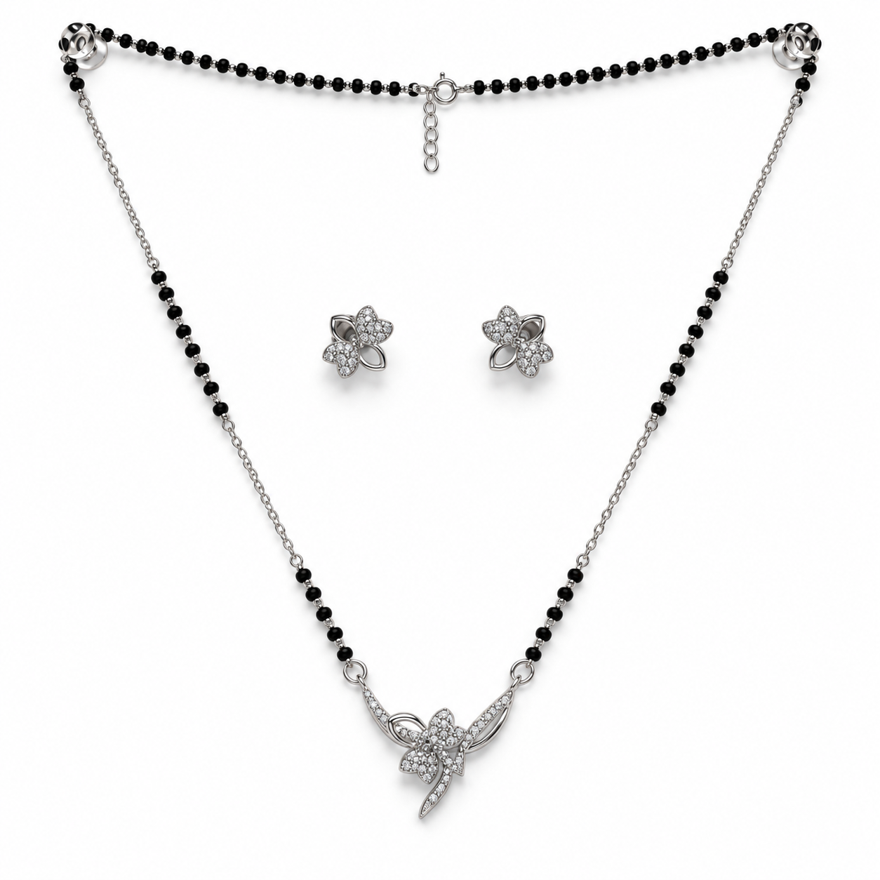 Silver Open Petal Flower Mangalsutra Set