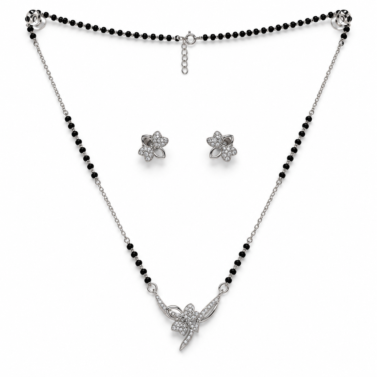 Silver Open Petal Flower Mangalsutra Set