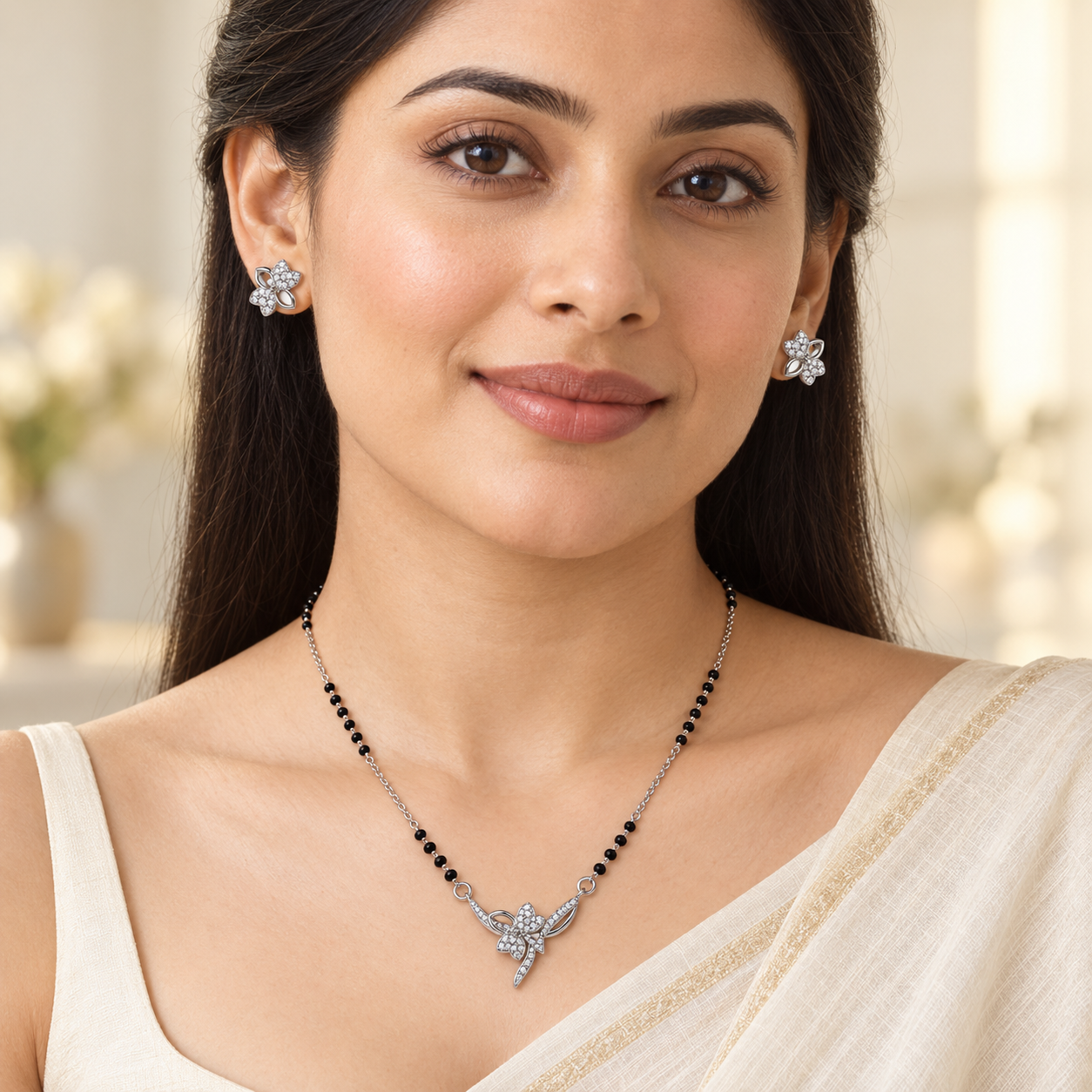 Silver Open Petal Flower Mangalsutra Set