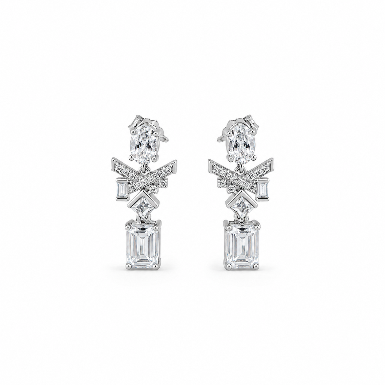 Silver Oval Baguette CZ Emerald Cut Drop Earrings with oval top stones, crossed CZ accents, baguette details and emerald-cut drops
