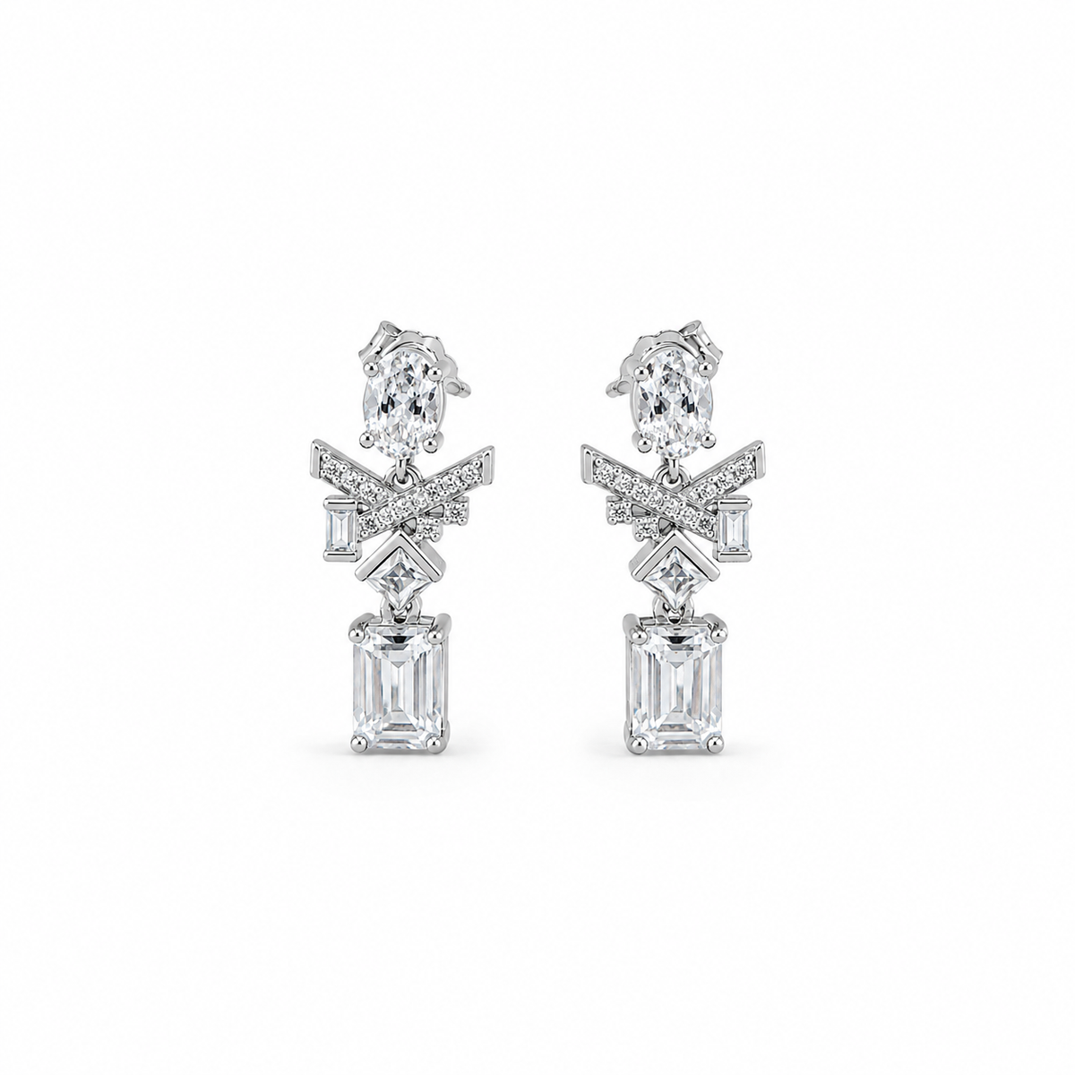 Silver Oval Baguette CZ Emerald Cut Drop Earrings with oval top stones, crossed CZ accents, baguette details and emerald-cut drops
