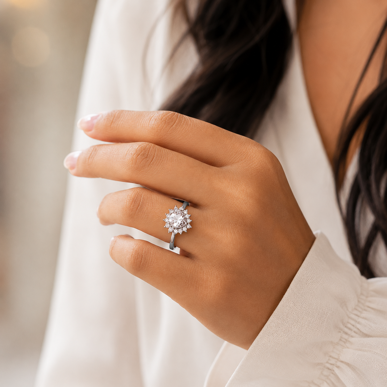 Silver Oval Cut Sunburst Halo Ring