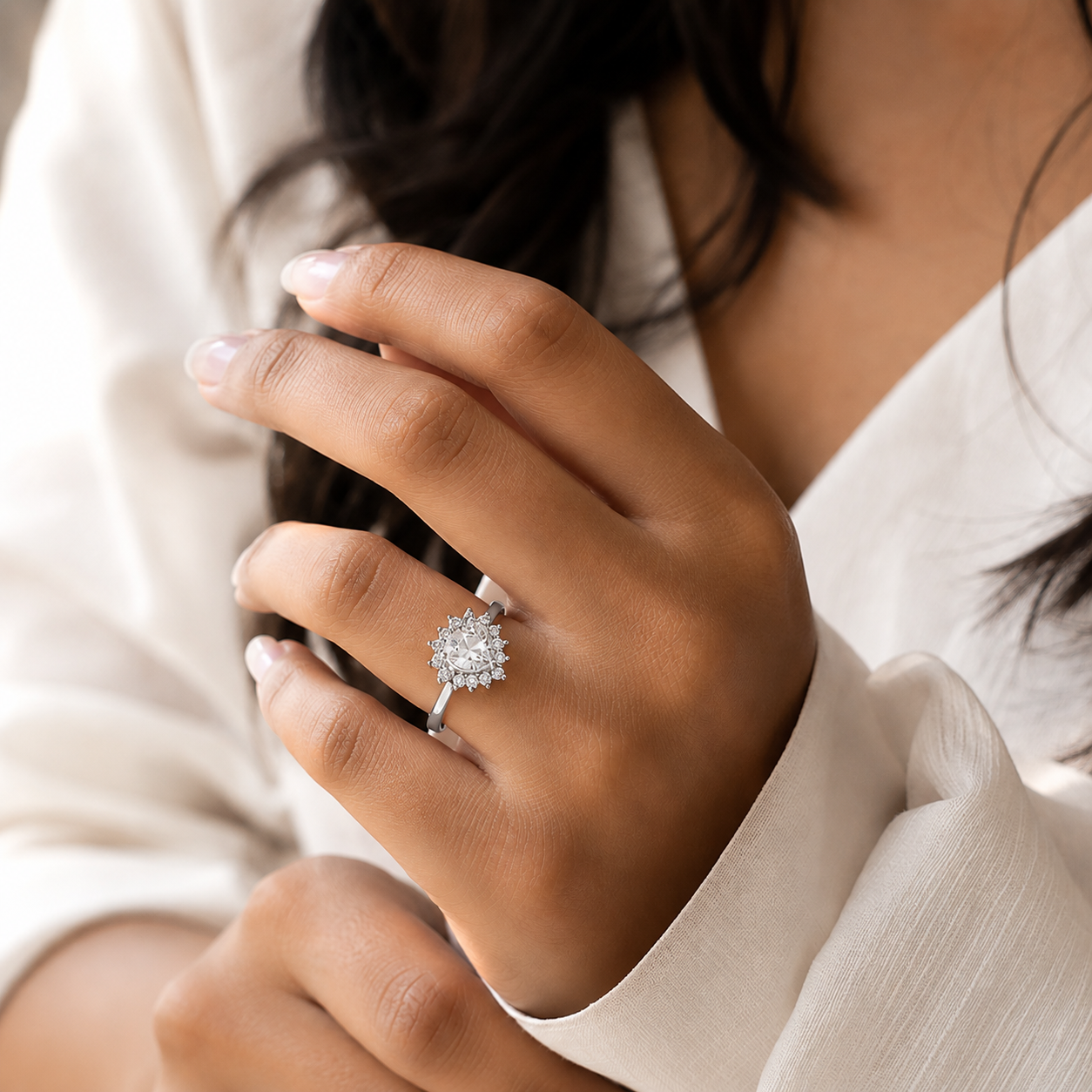 Silver Oval Cut Sunburst Halo Ring