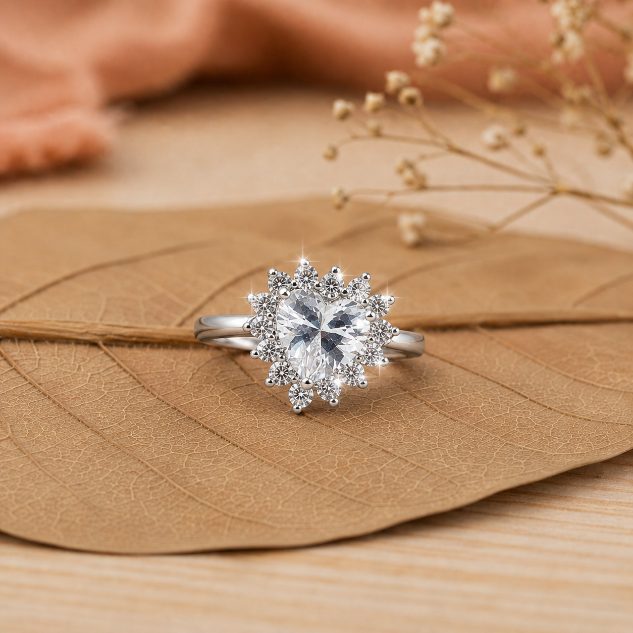 Silver Oval Cut Sunburst Halo Ring