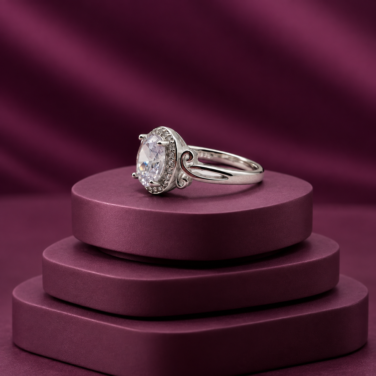 Silver Oval Halo Split Shank Ring
