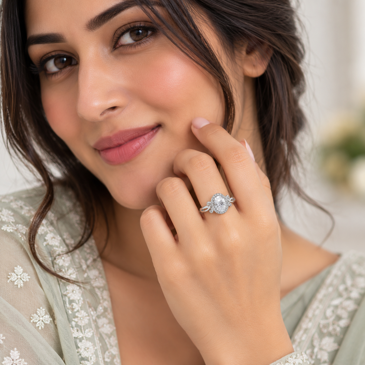 Silver Oval Halo Split Shank Ring