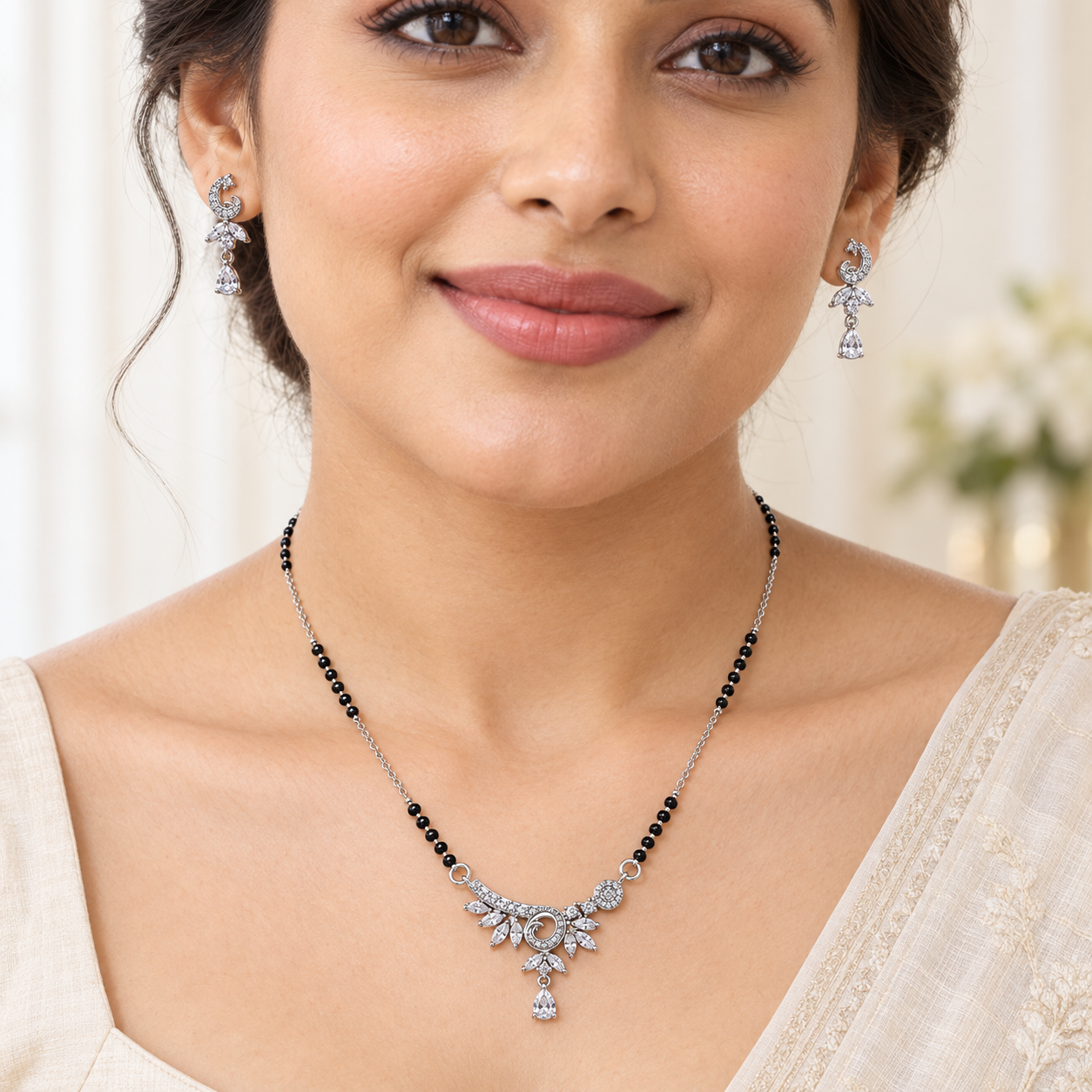 Silver Paisley Swirl Marquise Mangalsutra Set