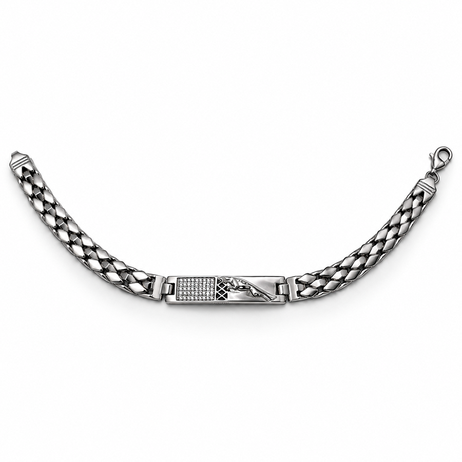 Silver Panther Engraved Pave ID Mens Bracelet