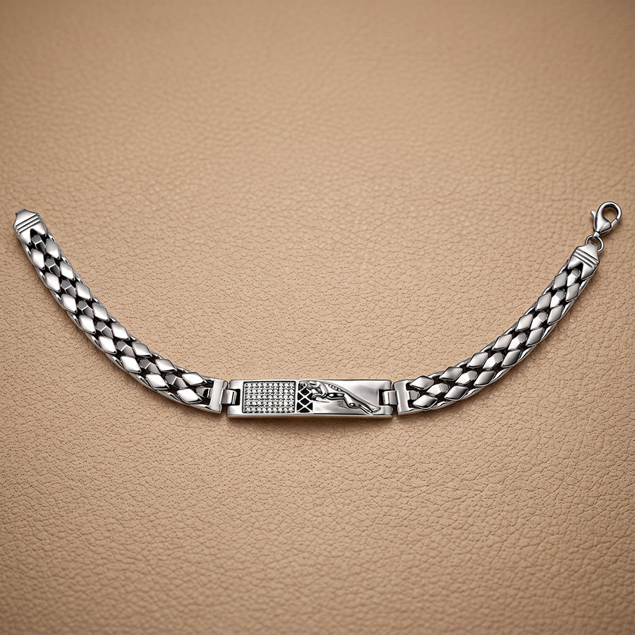 Silver Panther Engraved Pave ID Mens Bracelet