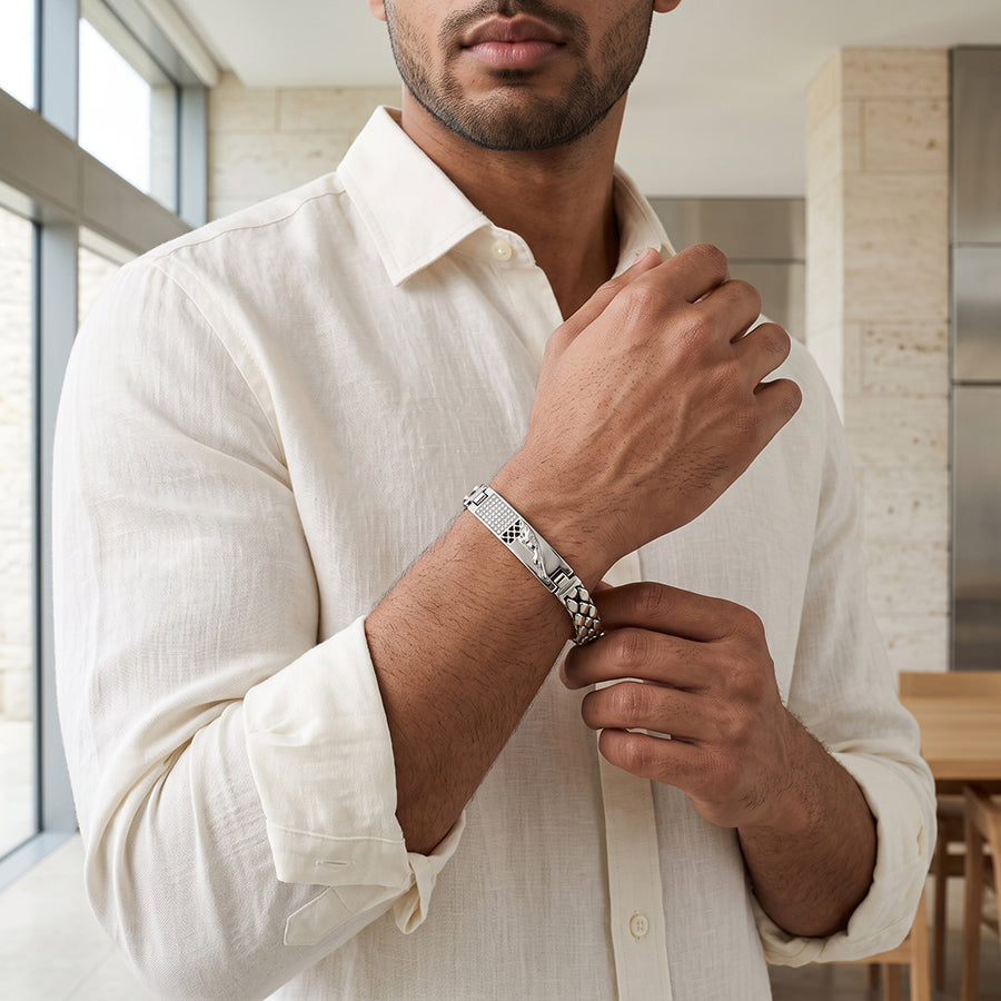 Silver Panther Engraved Pave ID Mens Bracelet